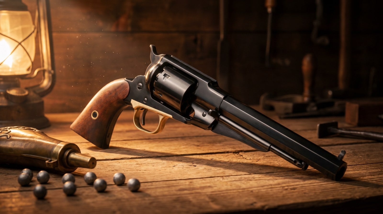 Pietta 1858 Remington percussion revolver on a pine workbench with a brass powder flask and lead round balls