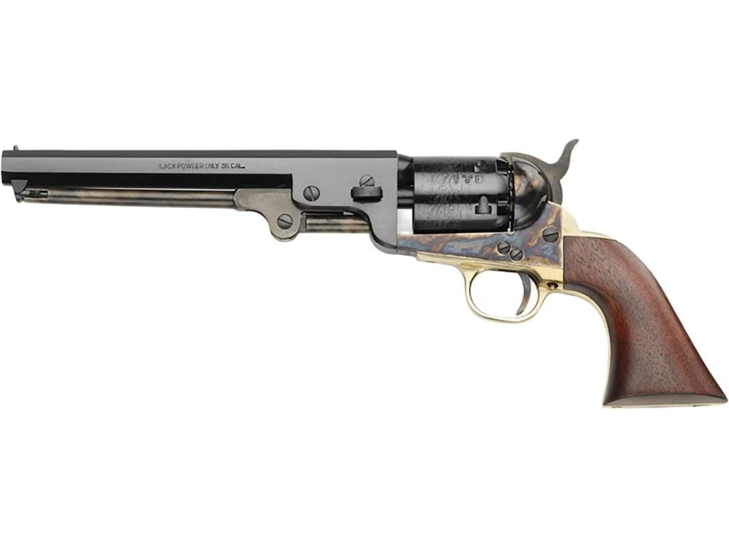 Pietta 1851 Navy percussion revolver with naval engagement roll engraving on the cylinder