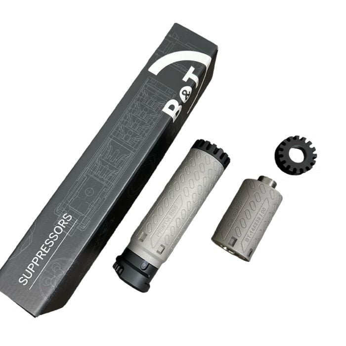 B&T modular suppressor shown in long and short configurations beside its branded box