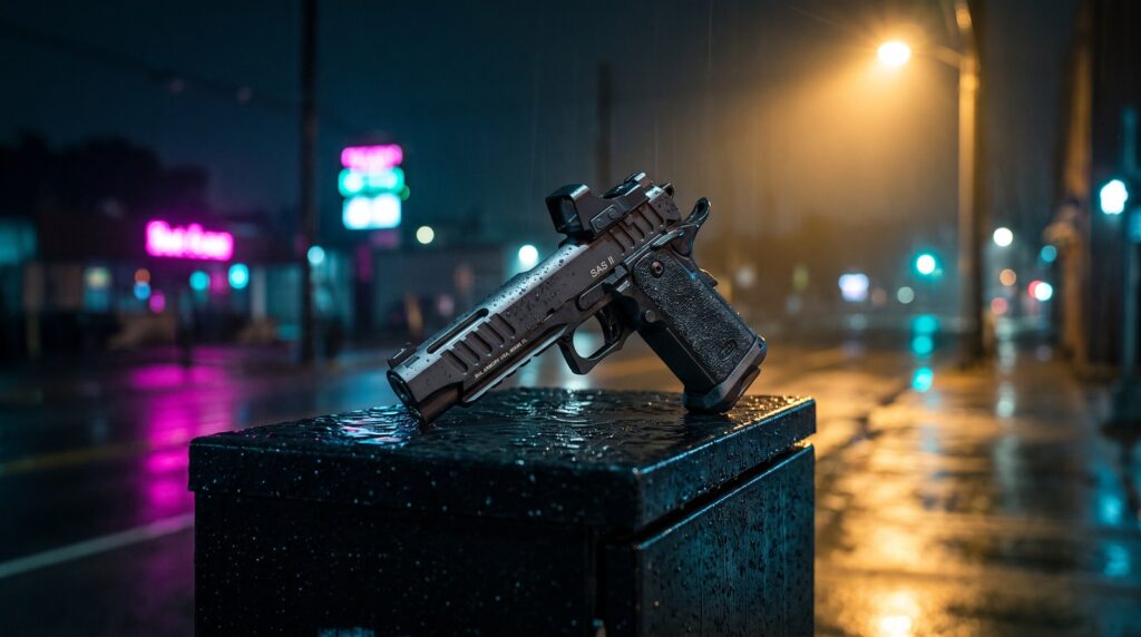 Bul Armory SAS II 2011 pistol on a rain-wet utility box under a street lamp at night