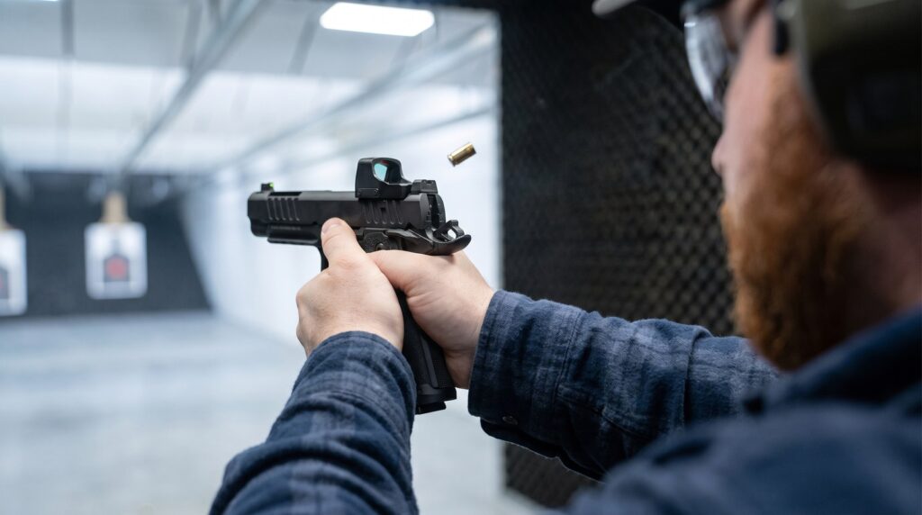 Shooter firing the Bul Armory SAS II 2011 pistol on an indoor range with a spent case ejecting