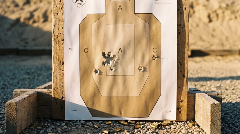 IPSC paper target showing a 9mm group with spent brass on the gravel below