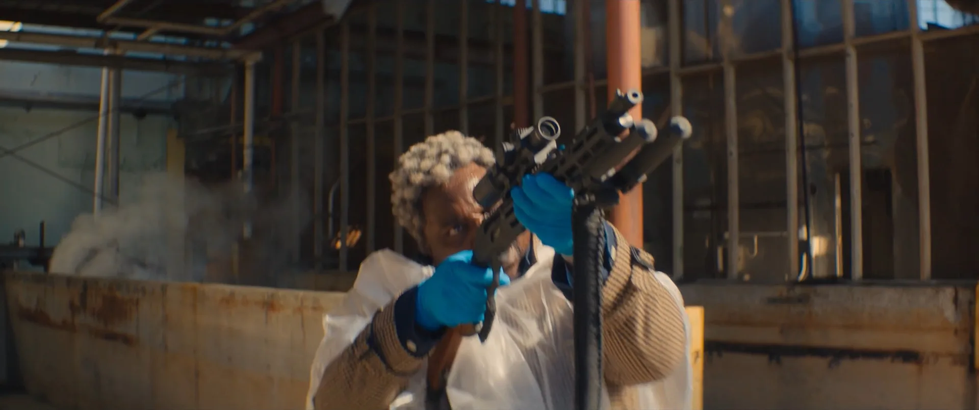 Lemon aiming a customized Marlin 336 with a Midwest Industries handguard in a Bullet Train flashback