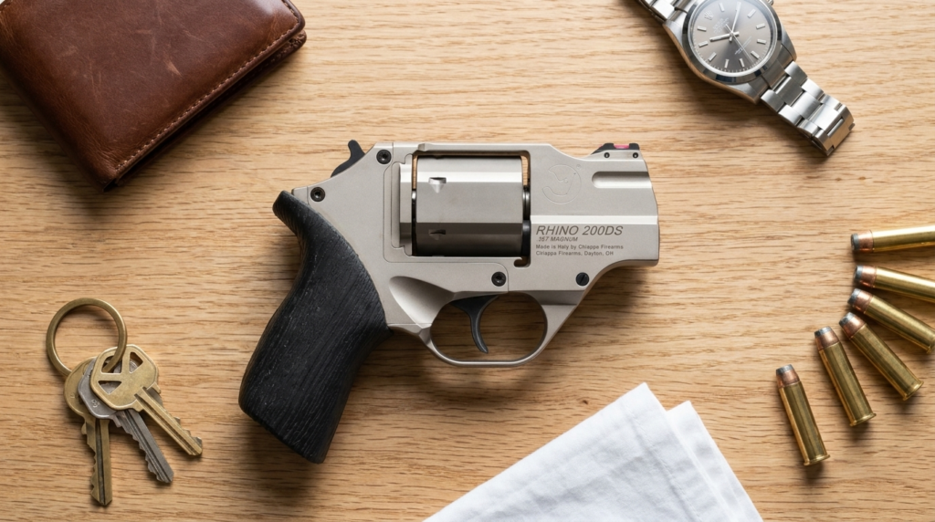 Chiappa Rhino revolver in an everyday carry flat-lay with .357 Magnum cartridges
