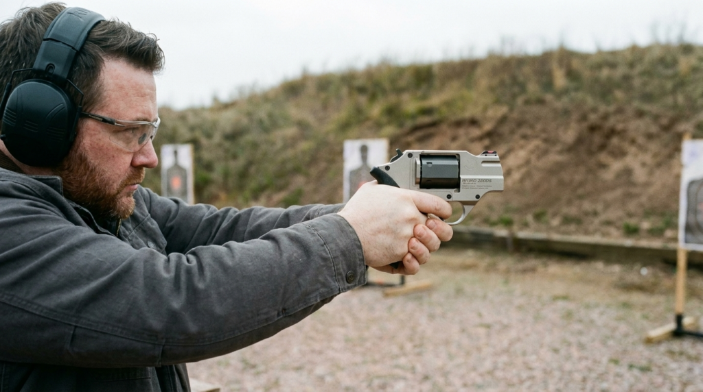 Shooter firing the Chiappa Rhino .357 Magnum at an outdoor range