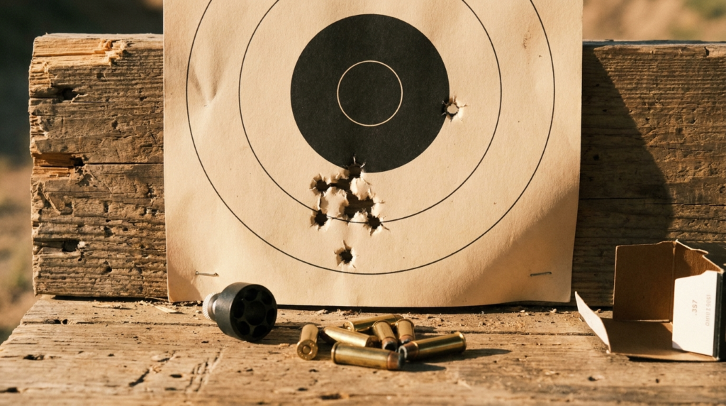 Paper target showing a six-shot .357 Magnum group from the Chiappa Rhino