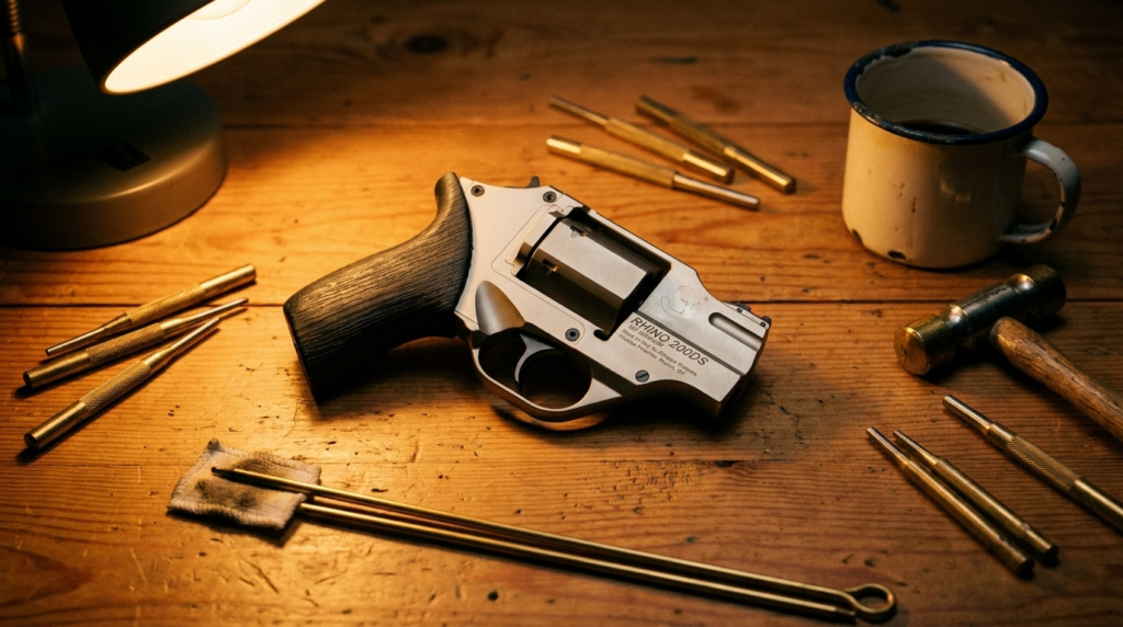 Chiappa Rhino 200DS revolver on a gunsmithing workbench under a task lamp