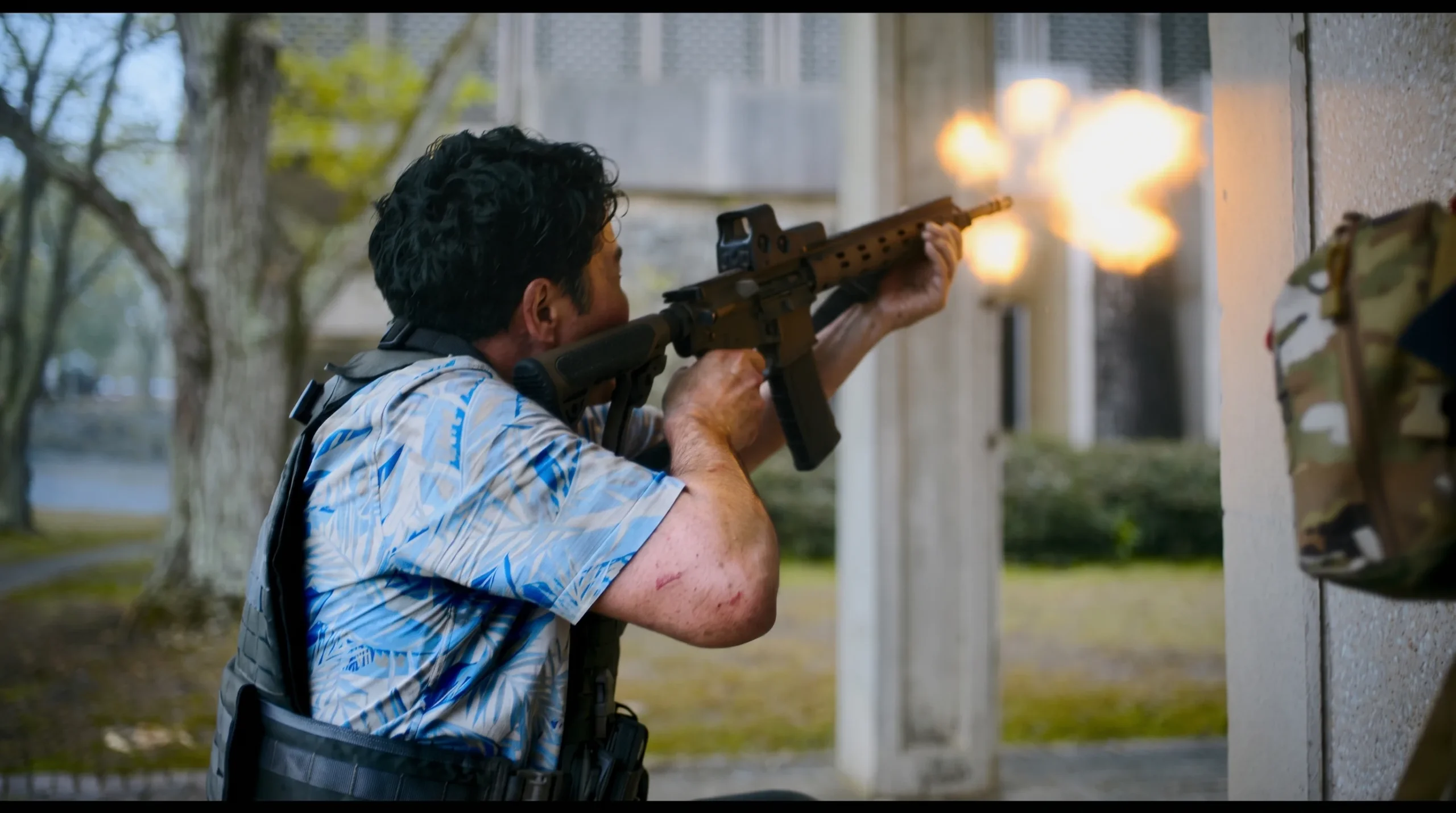 A militiaman firing a Daniel Defense AR-15 at the university in Civil War