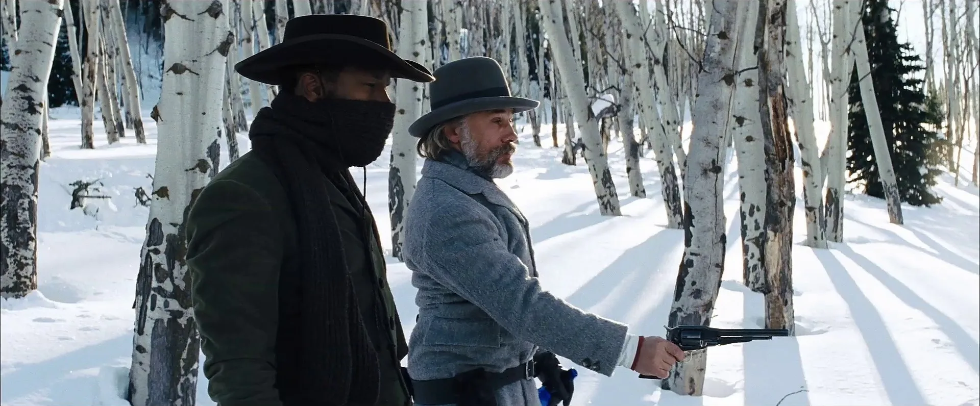 Dr King Schultz drawing his Remington New Army revolver in the snow in Django Unchained