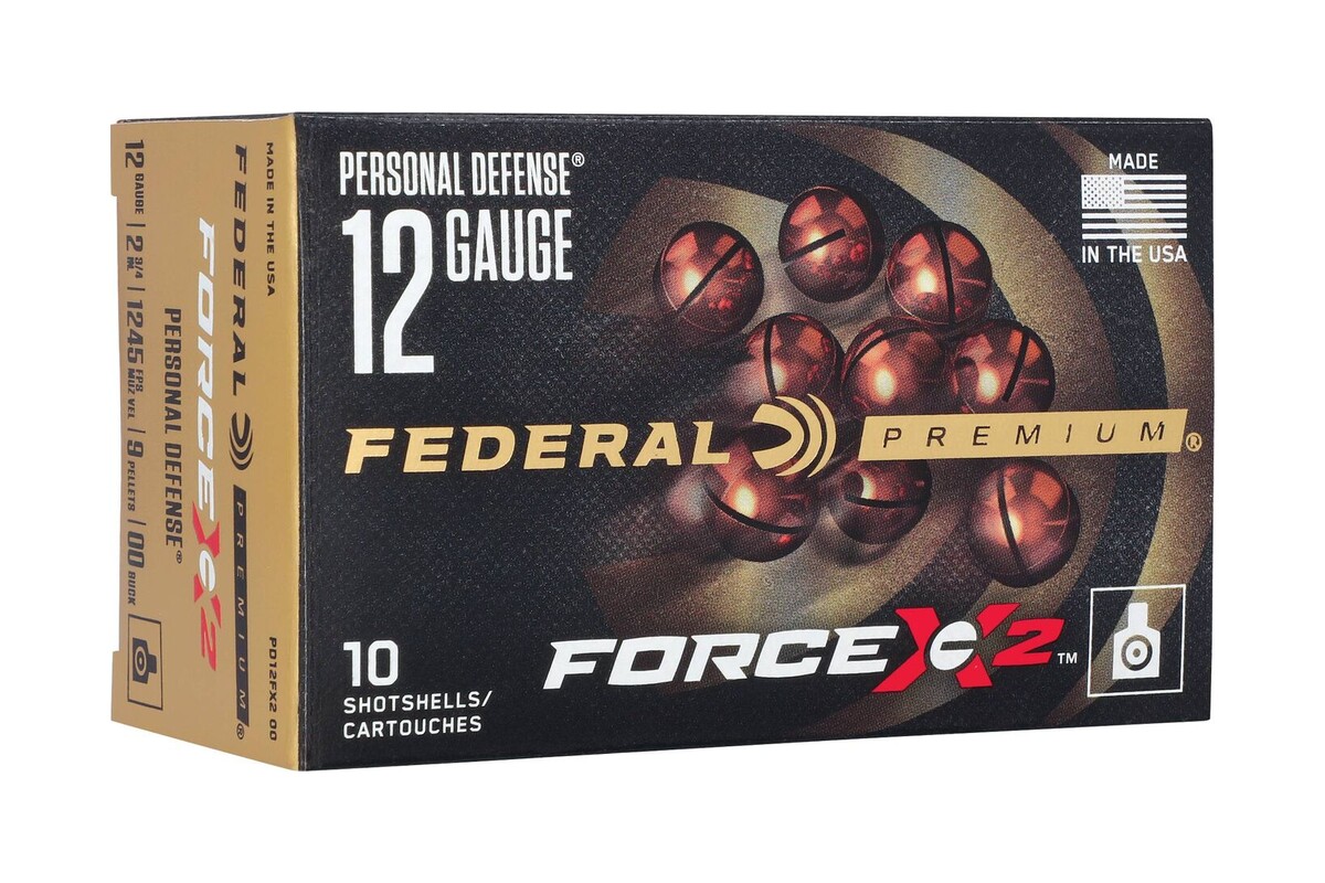 Federal Premium Personal Defense Force X2 12 gauge 00 buckshot box showing the scored splitting pellets, 1245 fps, 9 pellets, item PD12FX2 00
