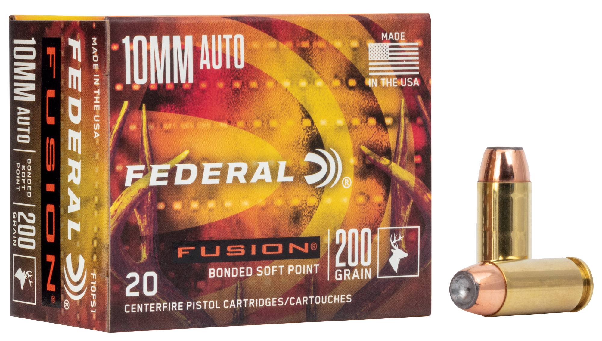 Federal Fusion 10mm Auto 200 grain bonded soft point hunting ammunition box and cartridge