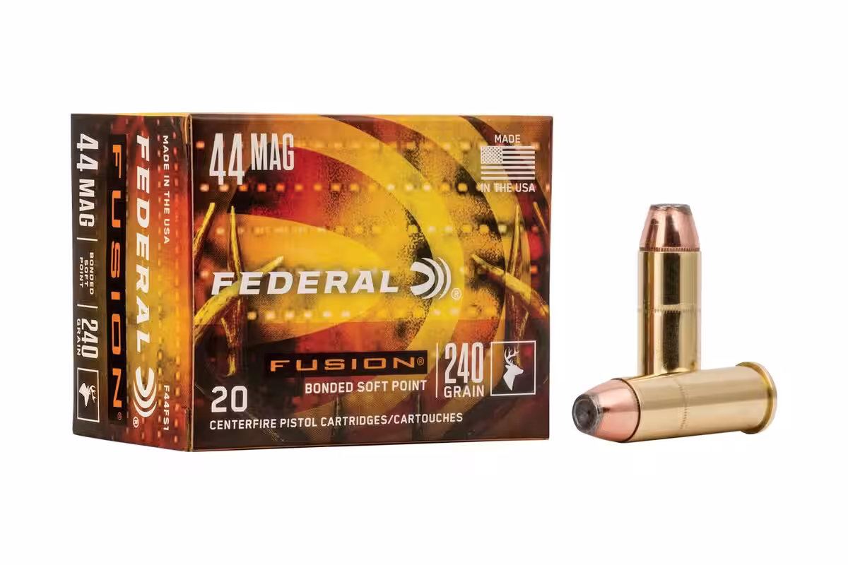Federal Fusion .44 Magnum 240 grain bonded soft point ammunition box and two cartridges, item F44FS1