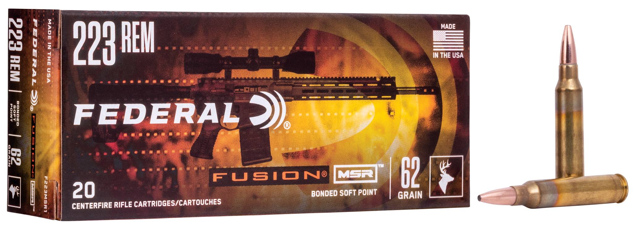 Federal Fusion MSR .223 Remington 62 grain bonded soft point ammunition box and cartridge