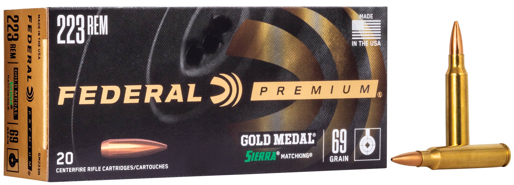 Federal Gold Medal .223 Remington 69 grain Sierra MatchKing match ammunition box and cartridge