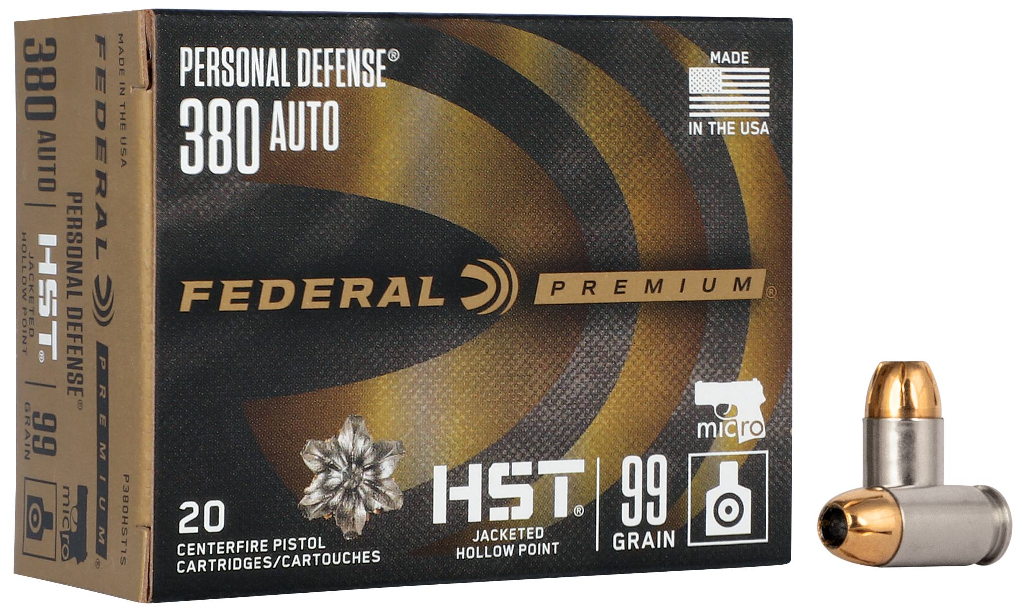 Federal Premium HST Micro .380 ACP 99 grain jacketed hollow point ammunition box and cartridge