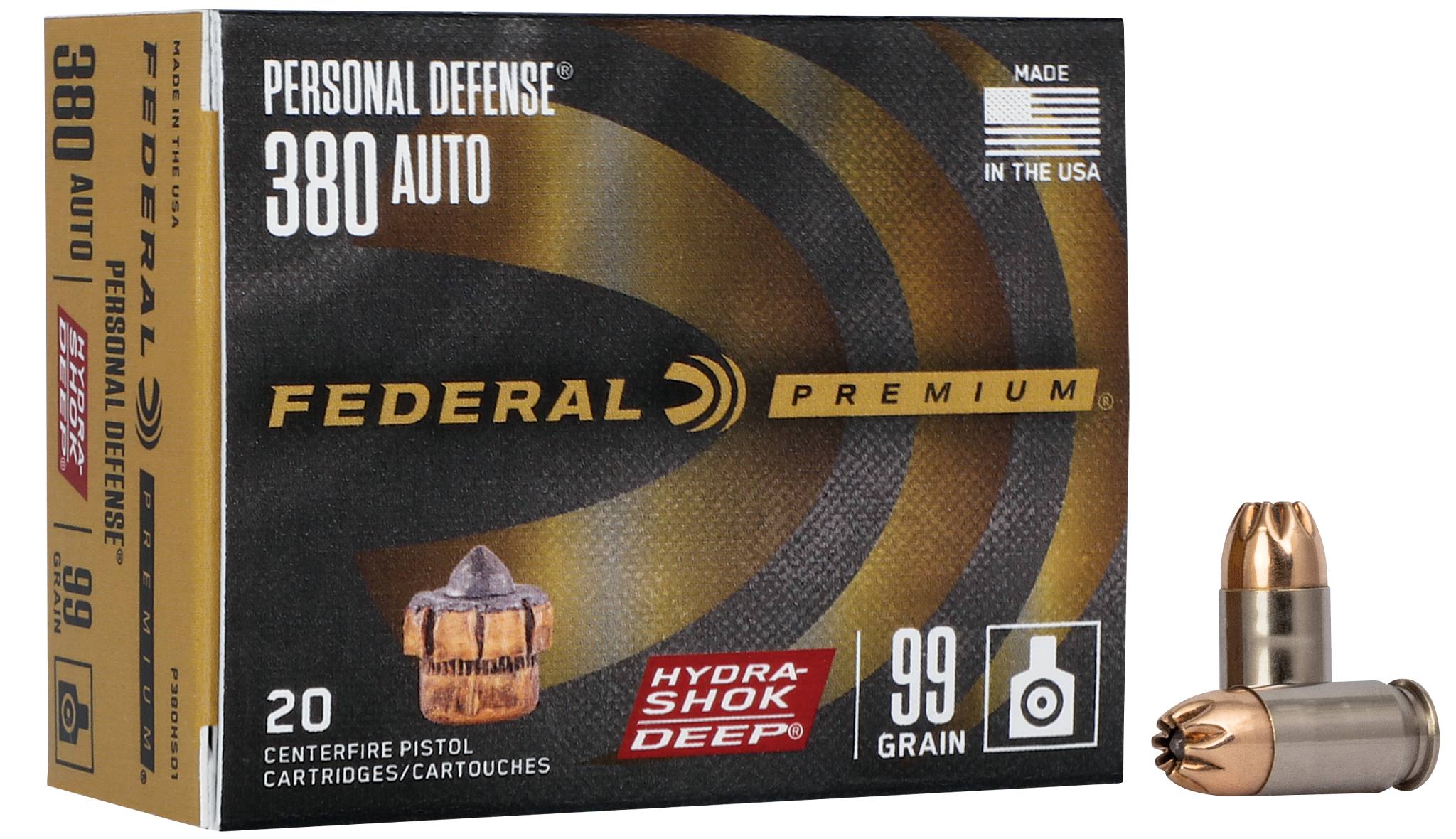 Federal Personal Defense Hydra-Shok Deep .380 ACP 99 grain ammunition box and cartridge