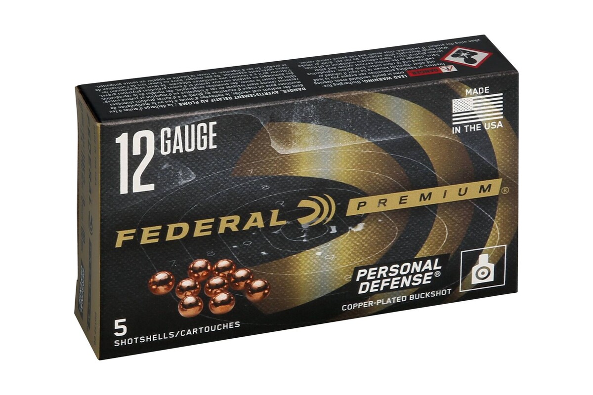Federal Premium Personal Defense copper plated 00 buckshot 12 gauge ammunition box, item PD132 00, 5 shotshells