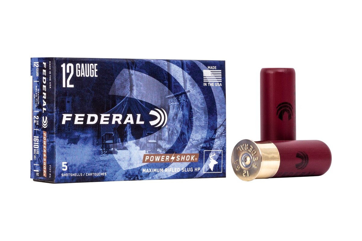 Federal Power-Shok Maximum rifled slug hollow point 12 gauge box and two hulls, 1610 fps, 1 oz, item F127 RS