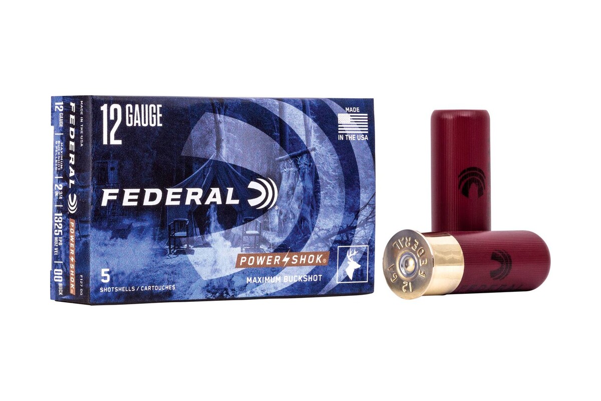 Federal Power-Shok Maximum Buckshot 12 gauge box and two red hulls, 9 pellets of 00 buck at 1325 fps, item F127 00
