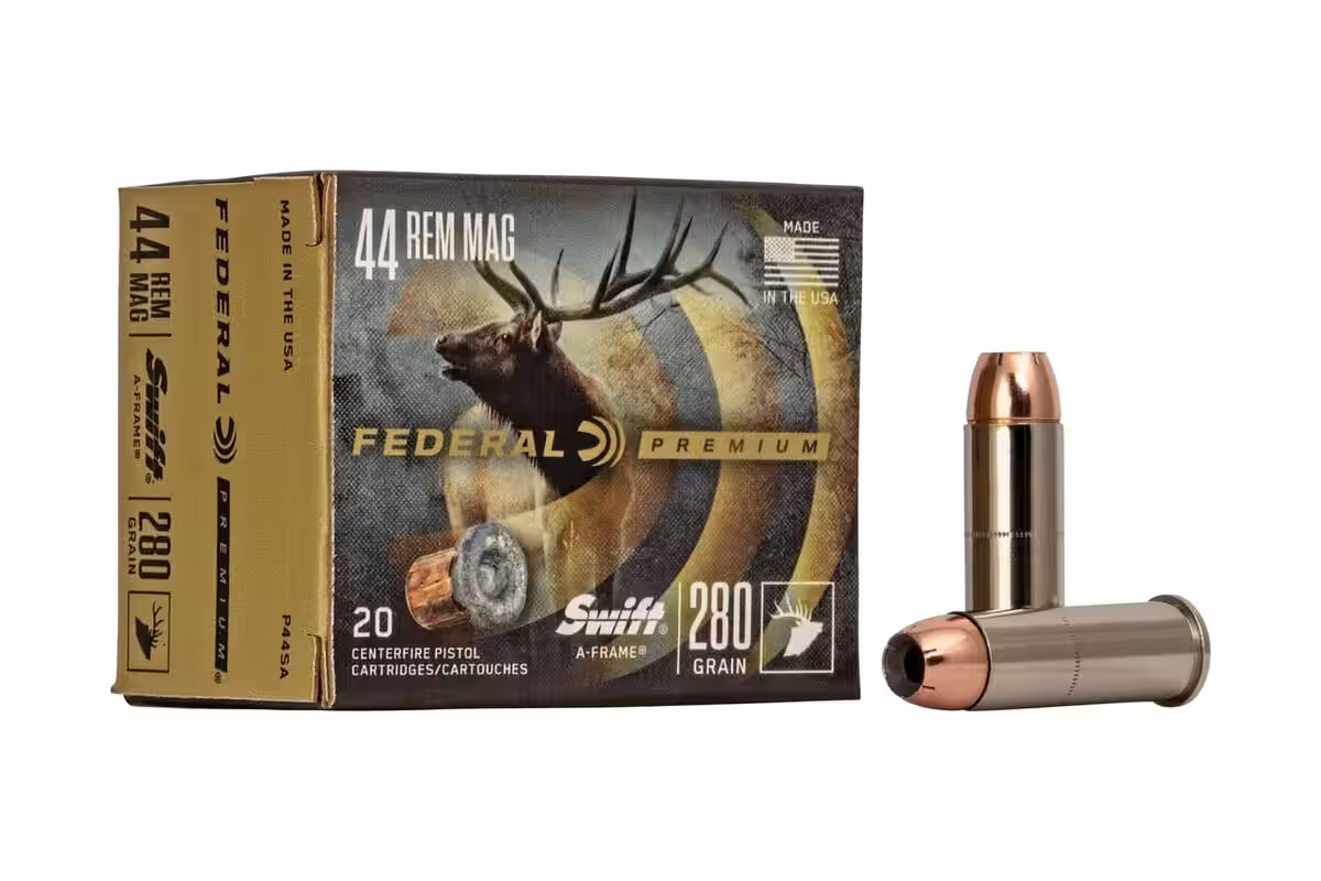 Federal Premium Swift A-Frame .44 Remington Magnum 280 grain ammunition box and two nickel plated cartridges, item P44SA