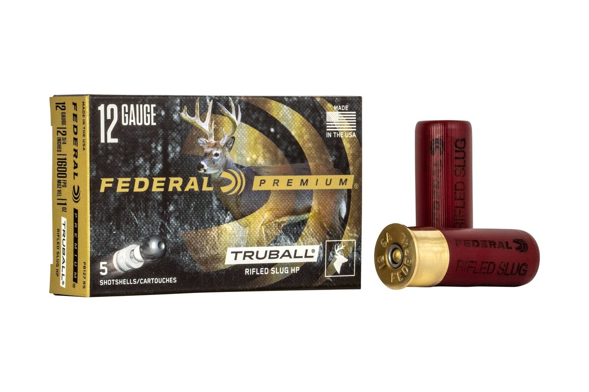 Federal Premium TruBall 12 gauge rifled slug hollow point box and two red hulls, 1600 fps, 1 oz, item PB127 RS
