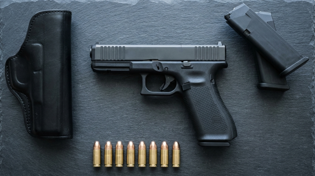 Glock 22 flat-lay with two spare magazines, holster and .40 S&W cartridges