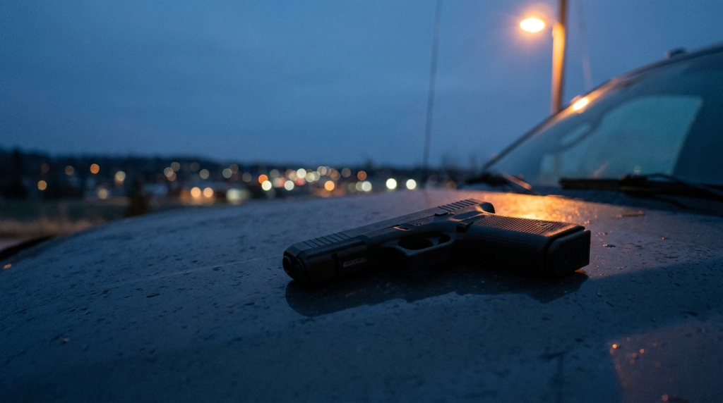 Glock 22 pistol on a truck hood at blue hour under a street lamp