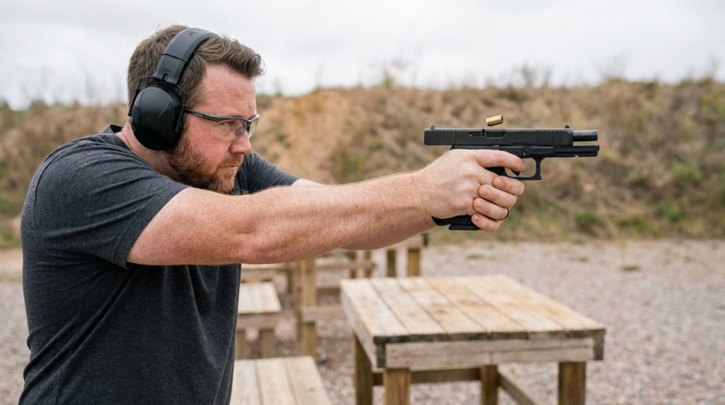 Shooter firing a Glock 22 .40 S&W at an outdoor range with brass ejecting