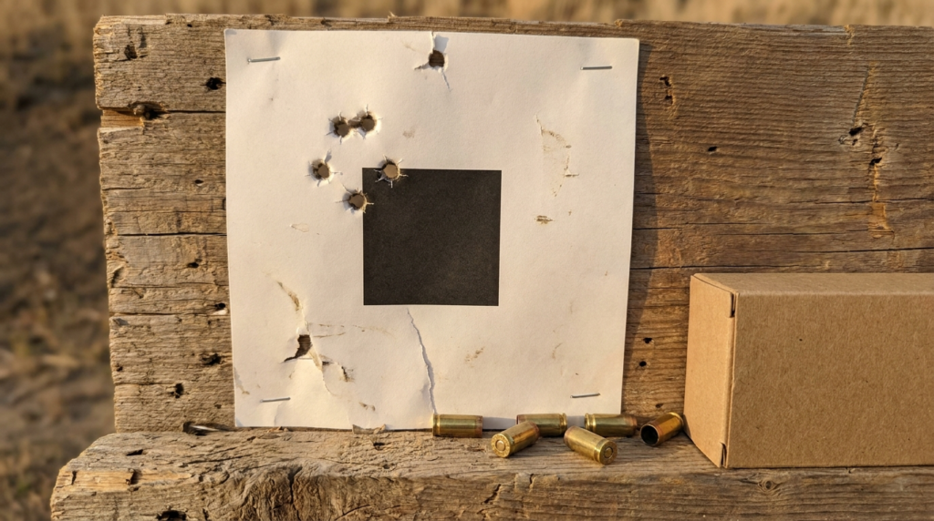 Paper target showing a five-shot .40 S&W group with spent brass