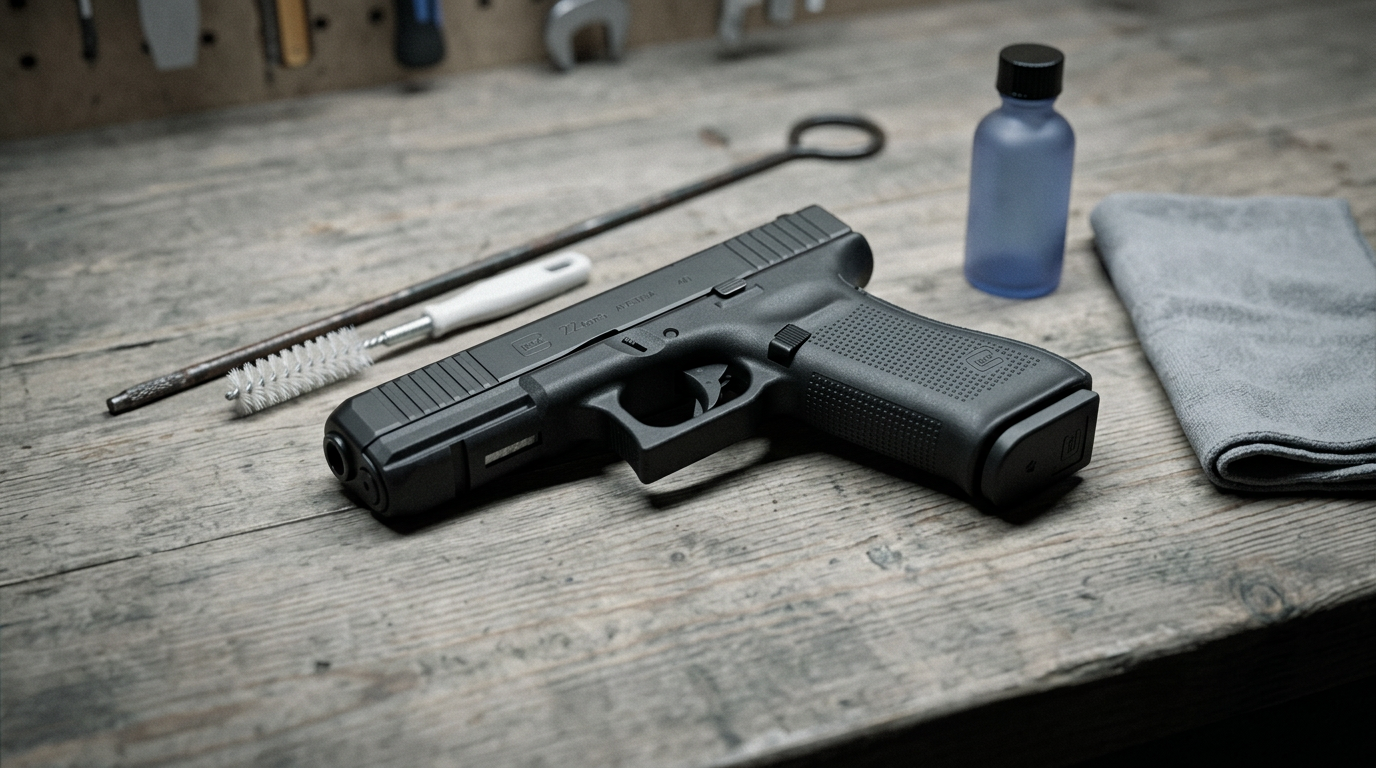 Glock 22 Gen5 .40 S&W pistol on a workbench with a cleaning rod and bore brush