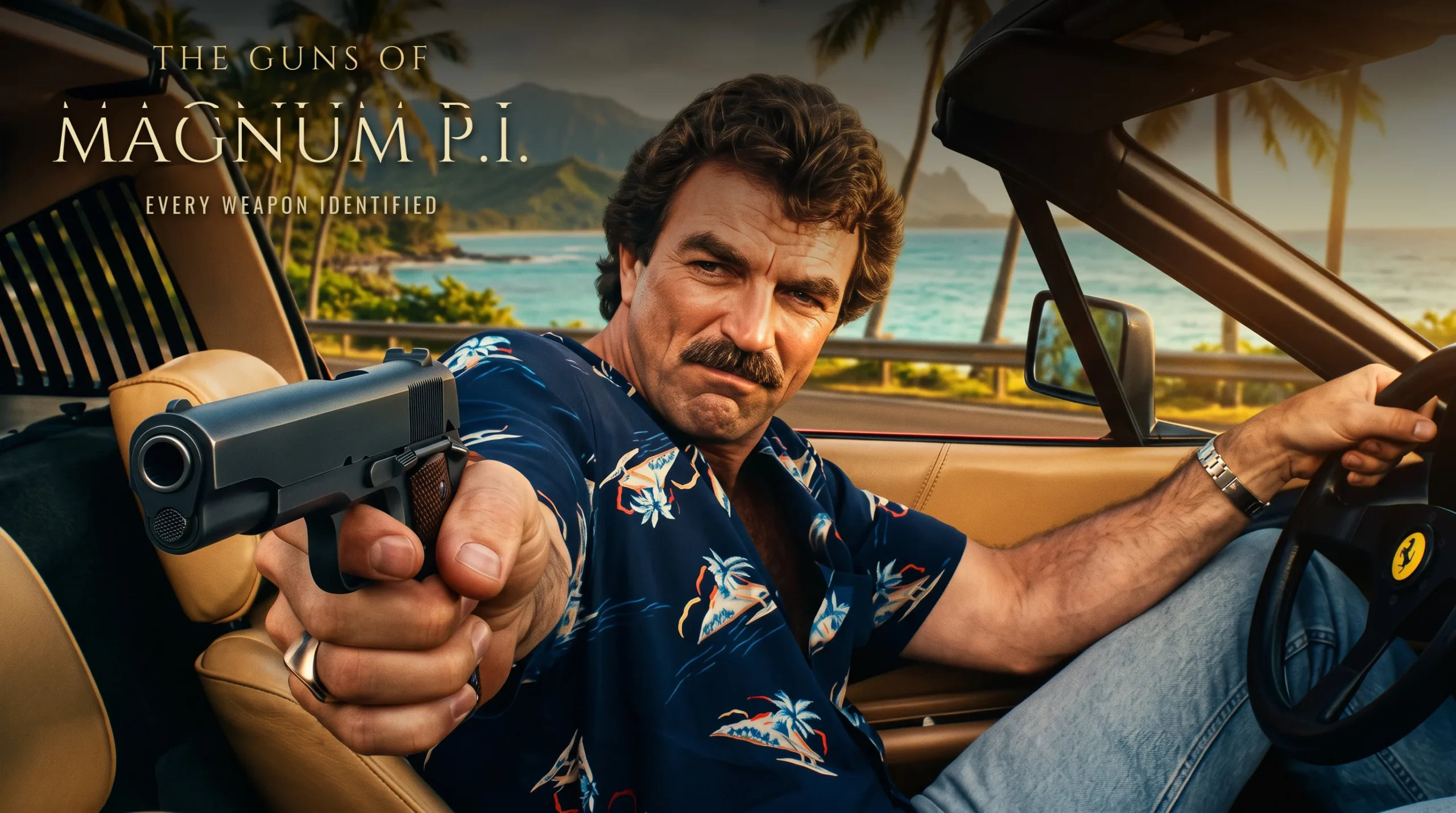 Thomas Magnum aiming his blued Colt Government Model 1911 from the Ferrari