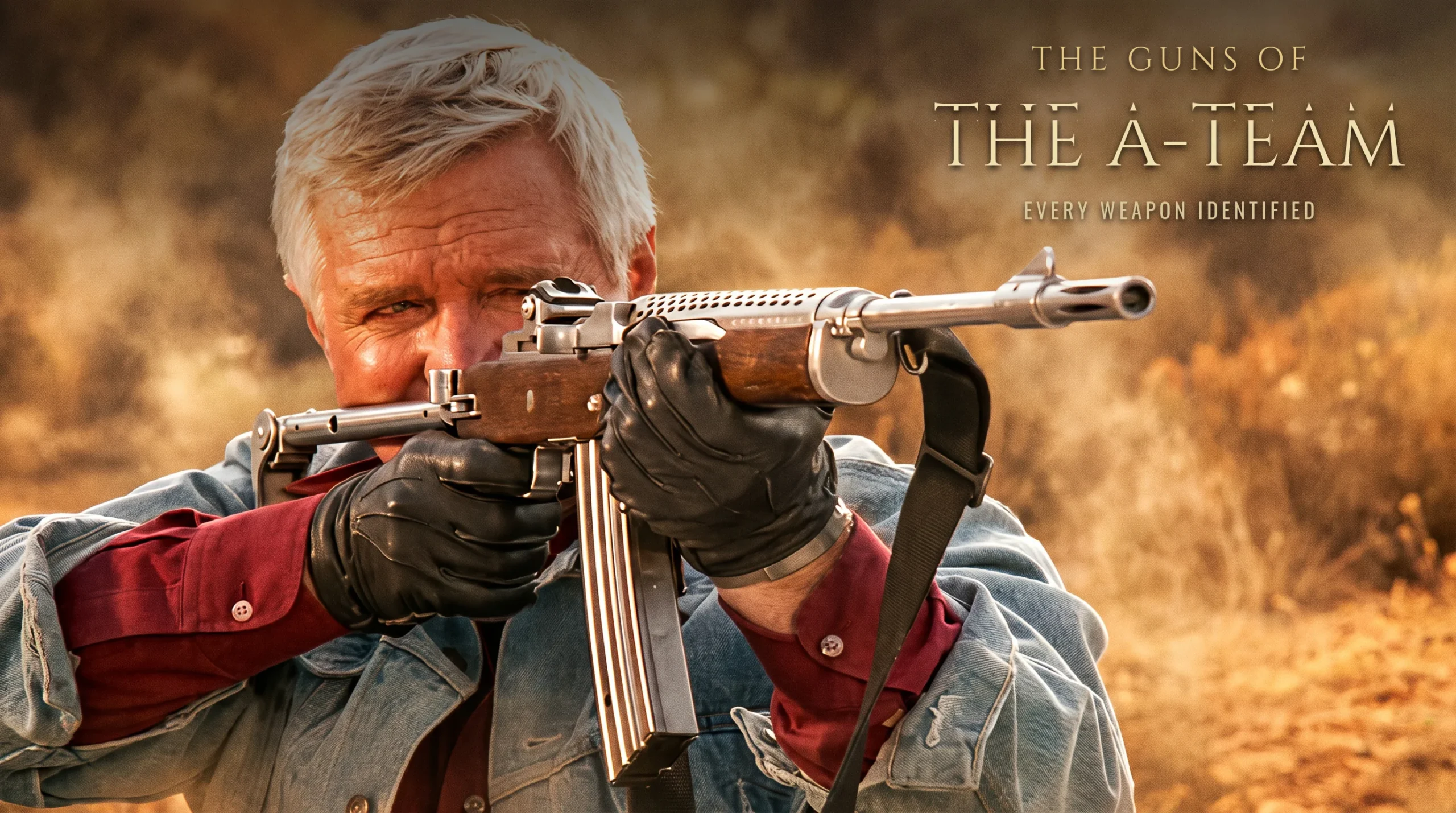 Hannibal Smith aiming a stainless folding-stock Ruger Mini-14 in The A-Team