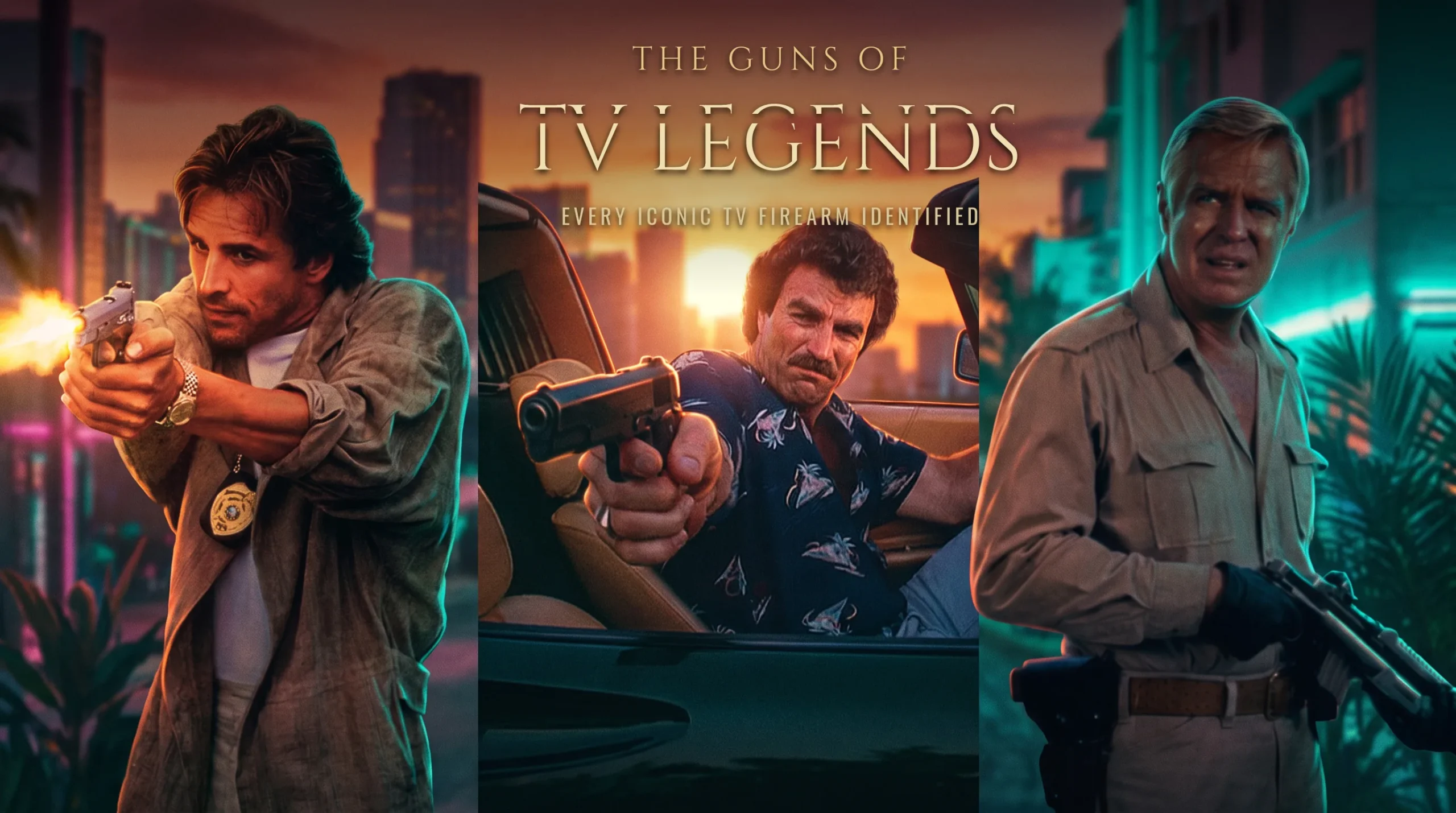 Sonny Crockett, Thomas Magnum and Hannibal Smith with their signature television firearms