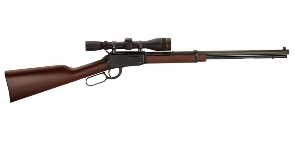 Henry Octagon Frontier .22 WMR lever action rifle with blued octagon barrel and mounted scope
