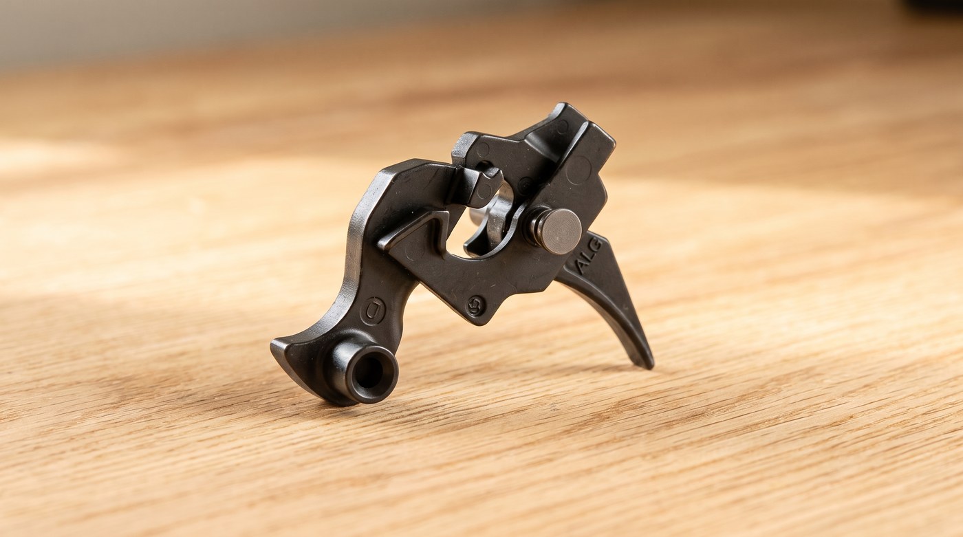 ALG Defense AKT enhanced AK trigger group with Lightning Bow on an oak workbench