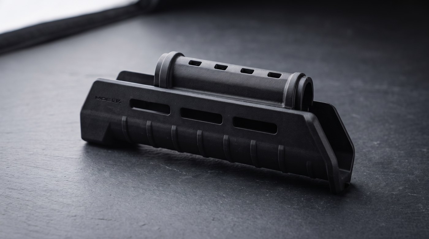 Magpul MOE AK handguard, upper heat shield and lower M-LOK half, on a dark slate workbench