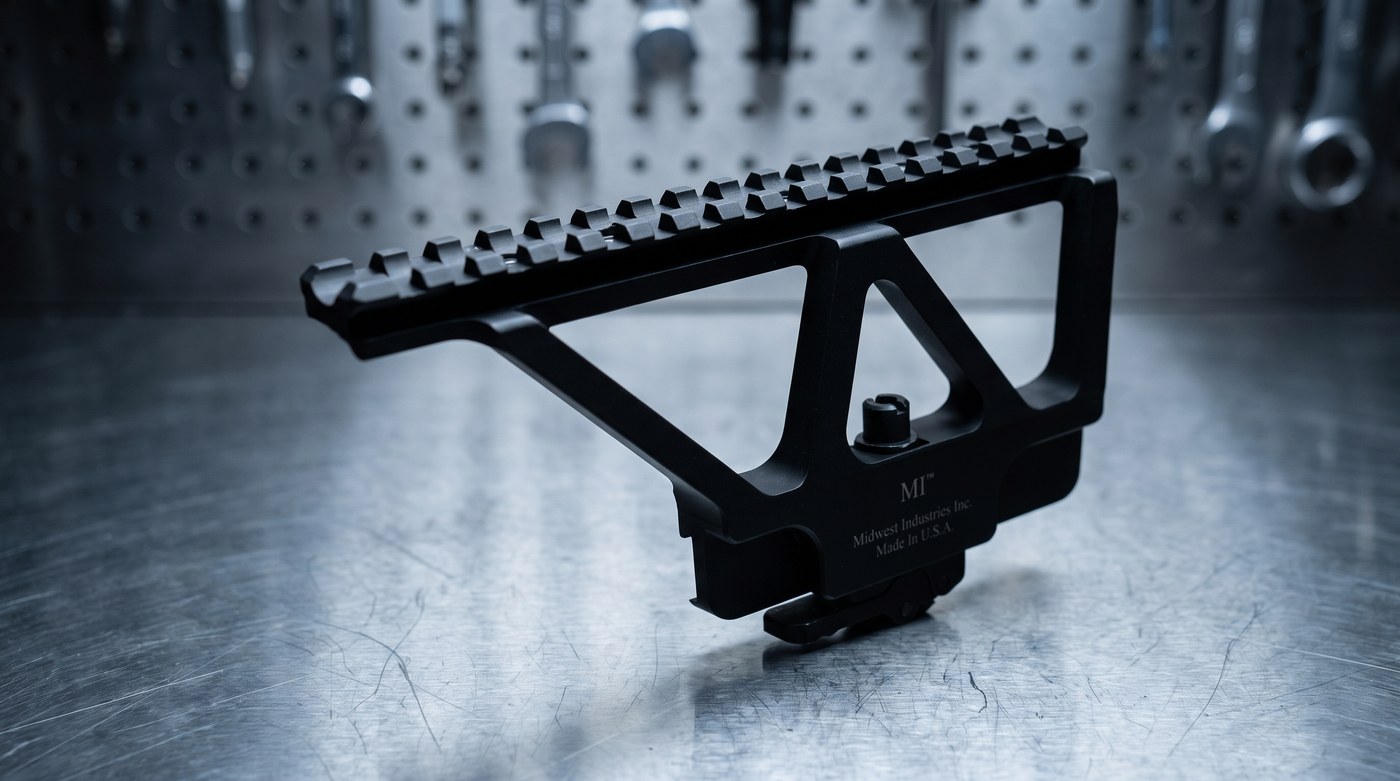Midwest Industries AK side railed scope mount with 13-slot Picatinny rail on a steel workbench
