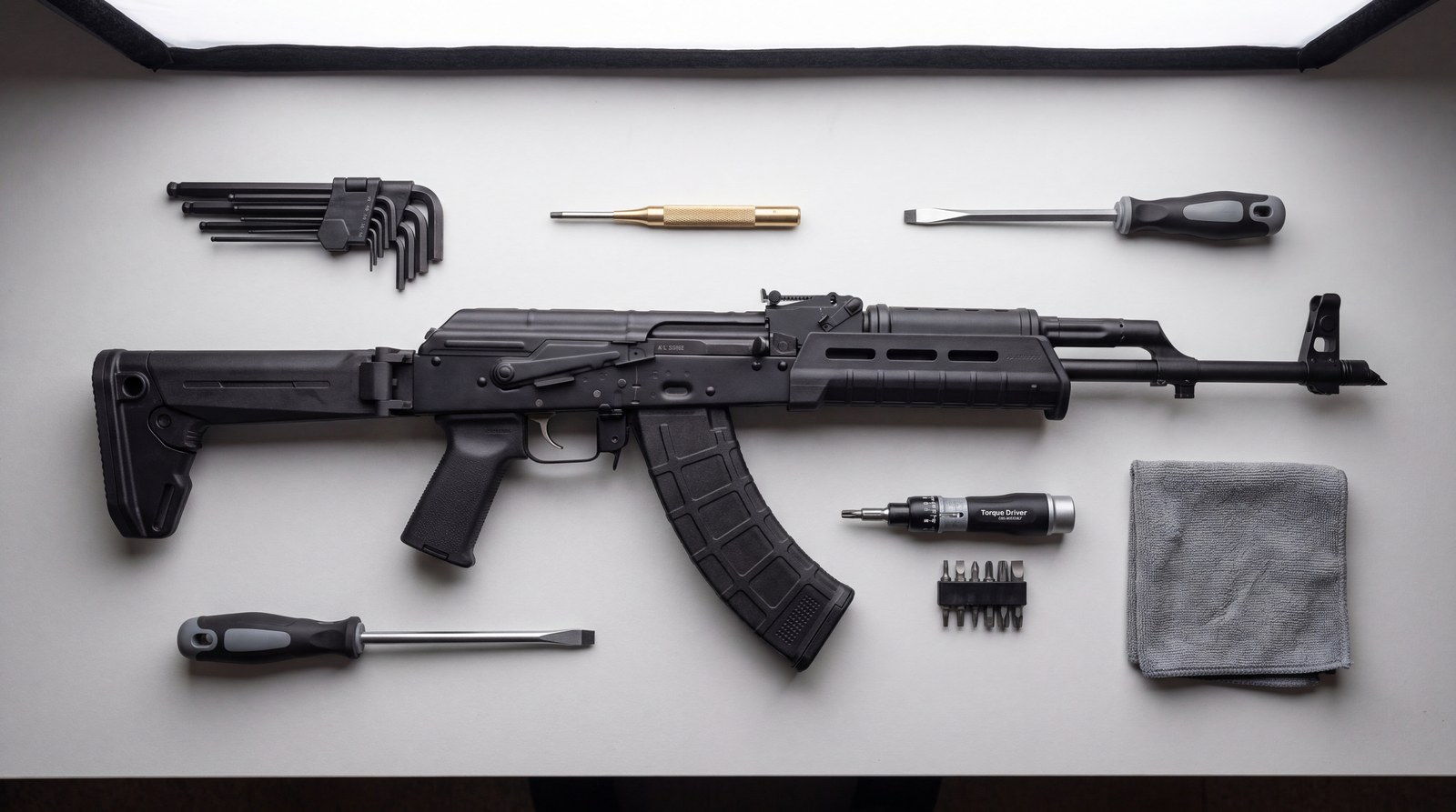 AK-47 fitted with Magpul MOE furniture on a workbench surrounded by hex keys, a drift punch and screwdrivers