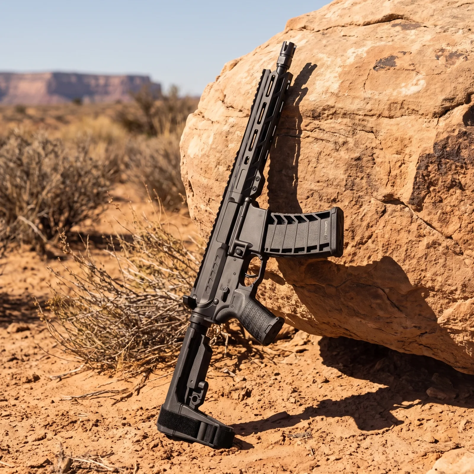 CMMG Banshee Mk4 9mm AR-platform pistol propped against a sandstone boulder in desert scrub