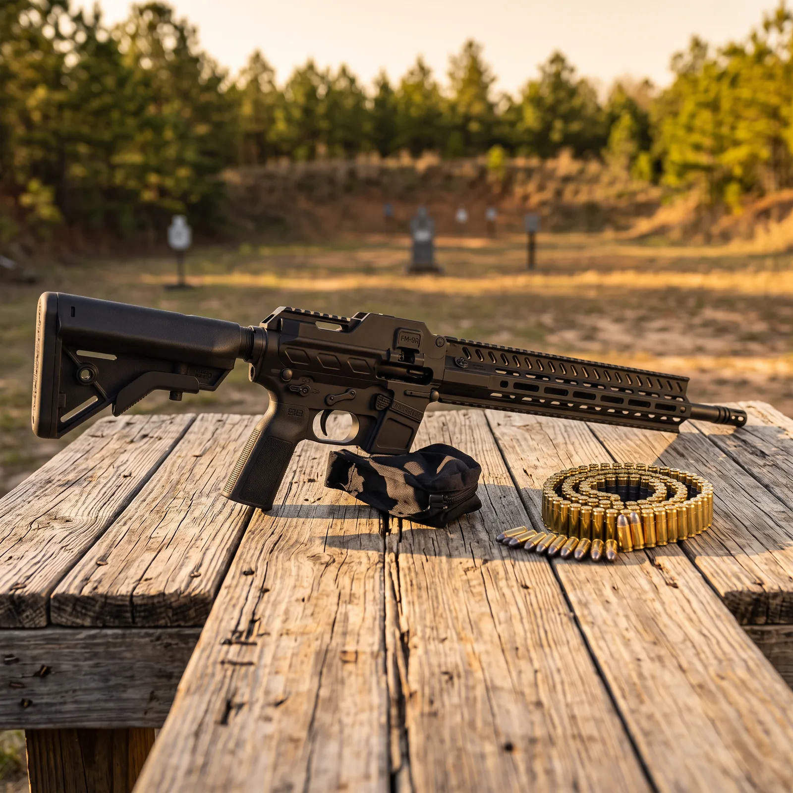 Freedom Ordnance FM-9D 16 inch belt-fed 9mm AR-15 on a range bench with a coiled linked belt
