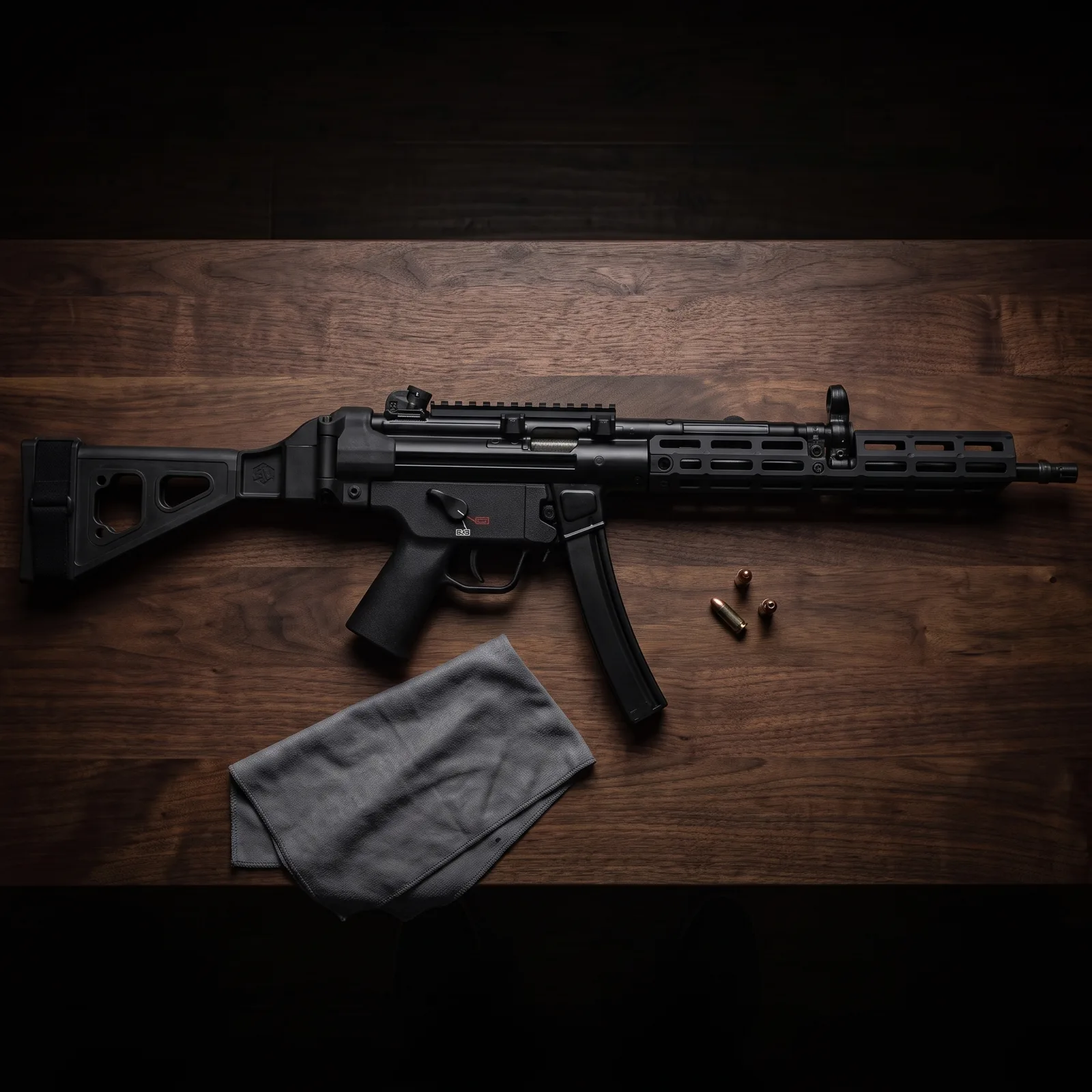 Heckler and Koch SP5L 9mm pistol with folding brace and M-LOK handguard on a dark walnut workbench