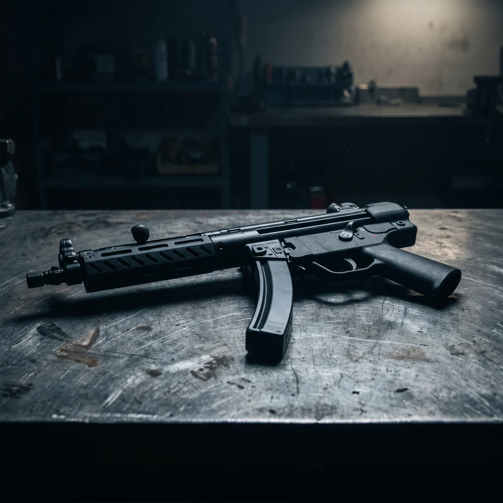 Roller-delayed 9mm MP5 clone lying flat on a scuffed steel workbench under a single low-key light