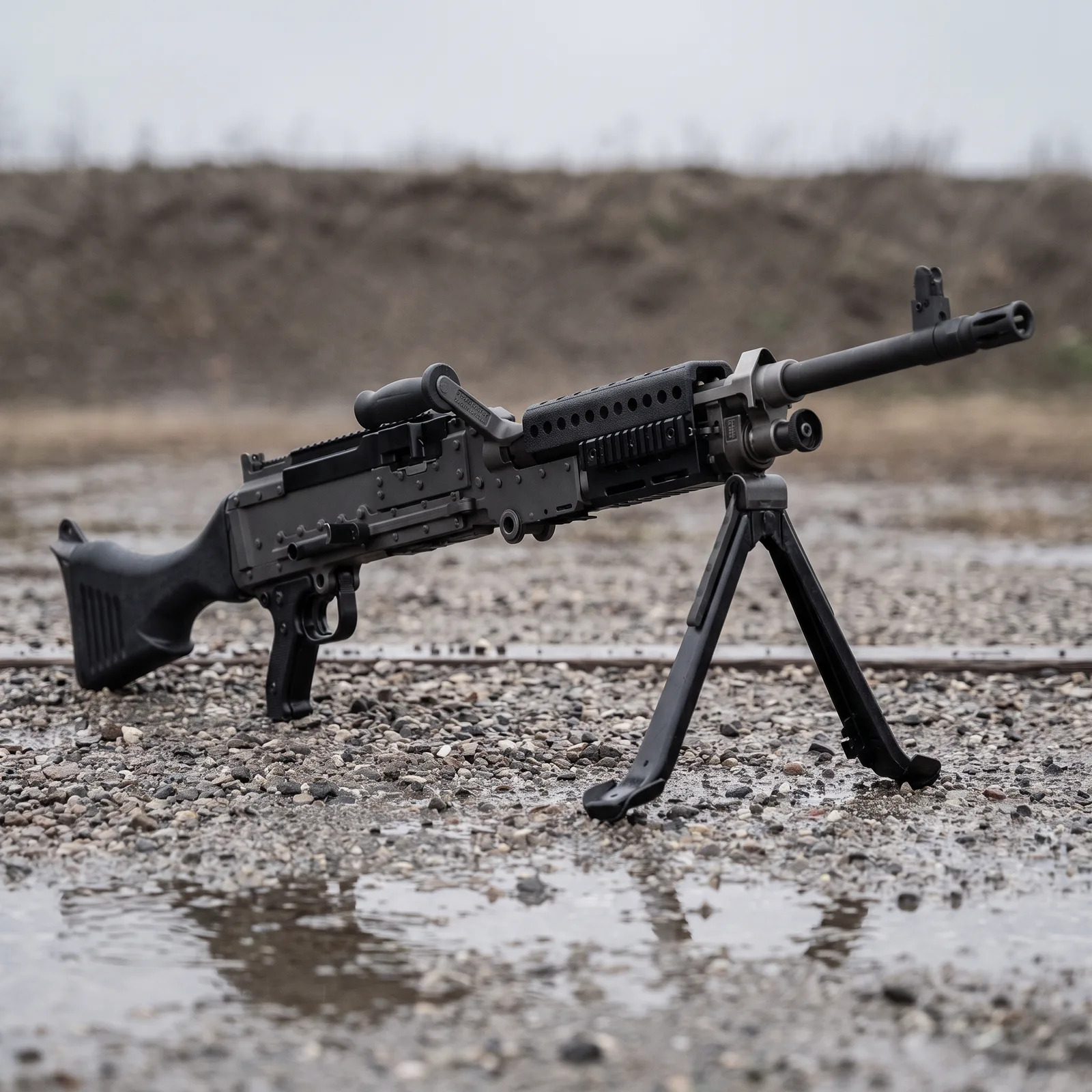 Ohio Ordnance M240-SLR semi-auto 7.62 belt-fed rifle on its bipod on a wet gravel firing line