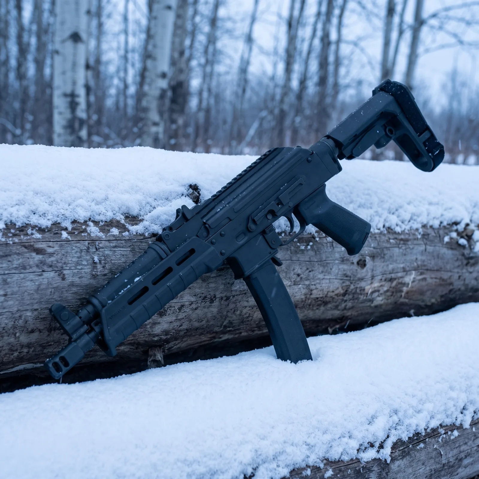 Palmetto State Armory AK-V 9mm AK-pattern pistol with folding brace leaning against a snow-dusted log