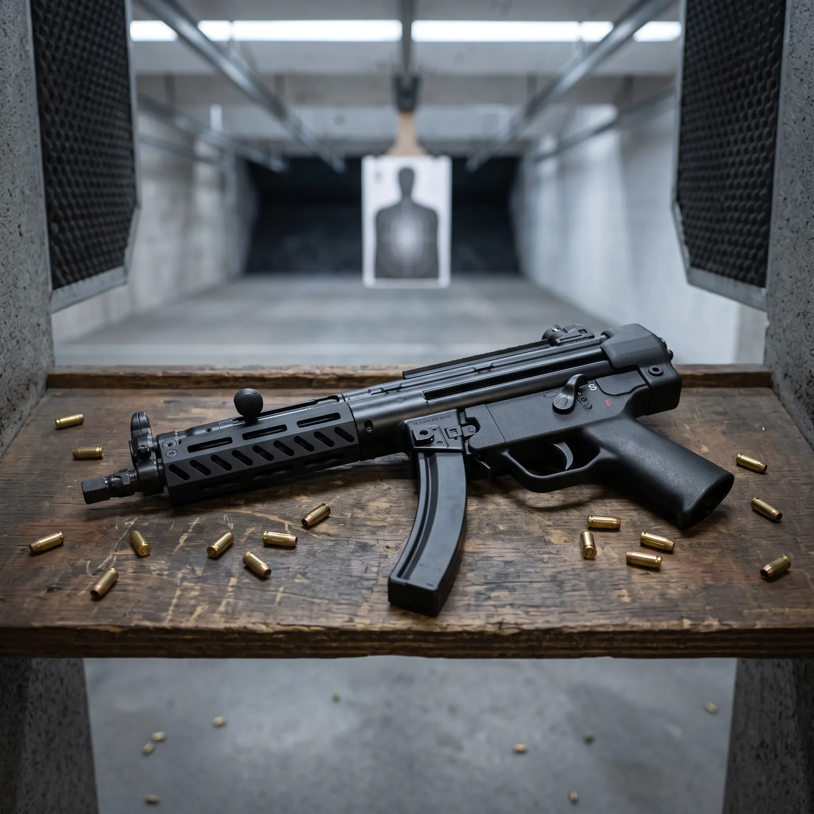 PTR 9CT roller-delayed 9mm MP5 clone lying on the shelf of an indoor shooting lane with spent brass