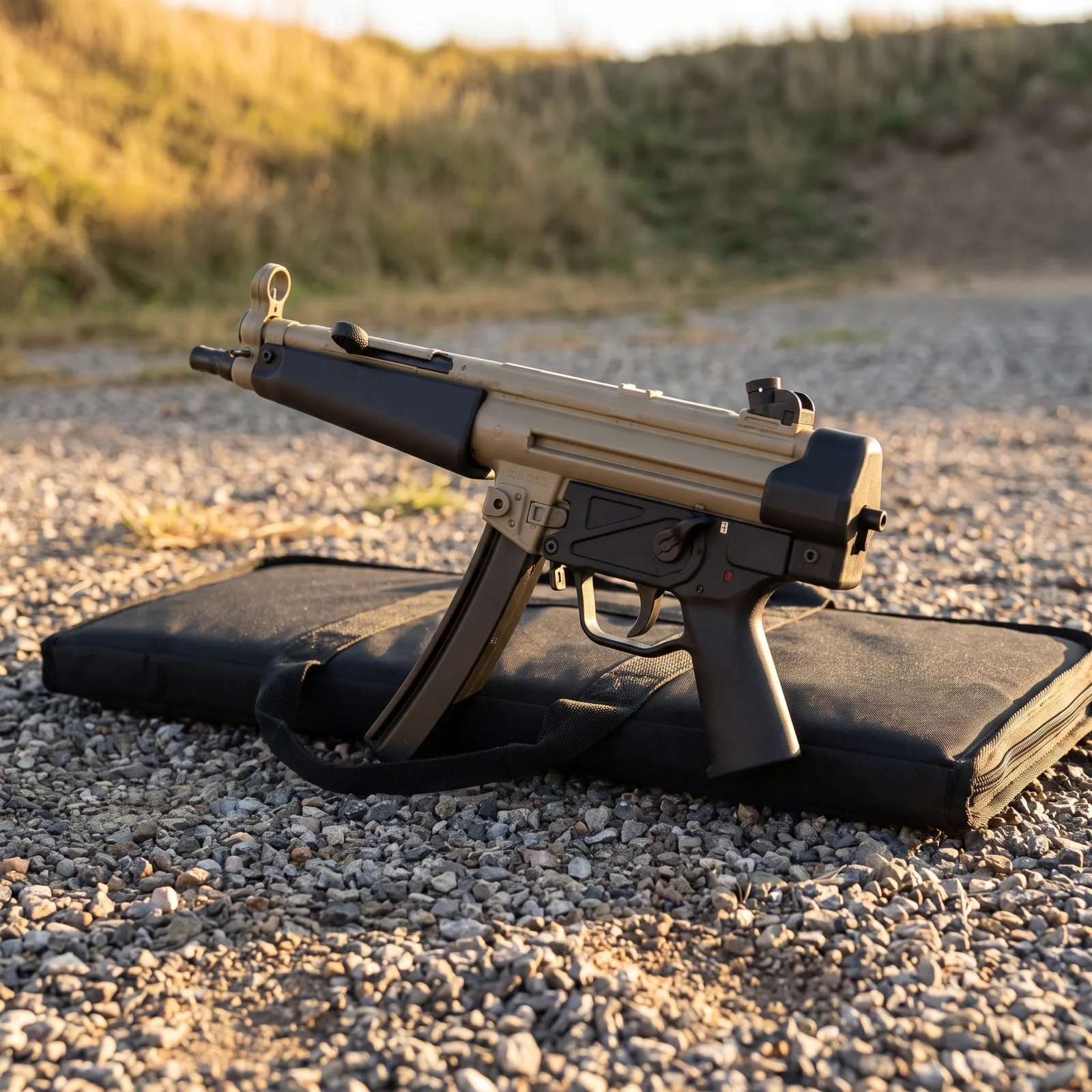 Zenith ZF-5 9mm MP5 clone in FDE with black handguard resting on its soft case on gravel at golden hour