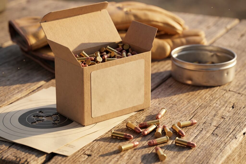 Box of rimfire ammunition, loose brass cartridges and a paper target with a tight group, on a wooden range bench in late afternoon light