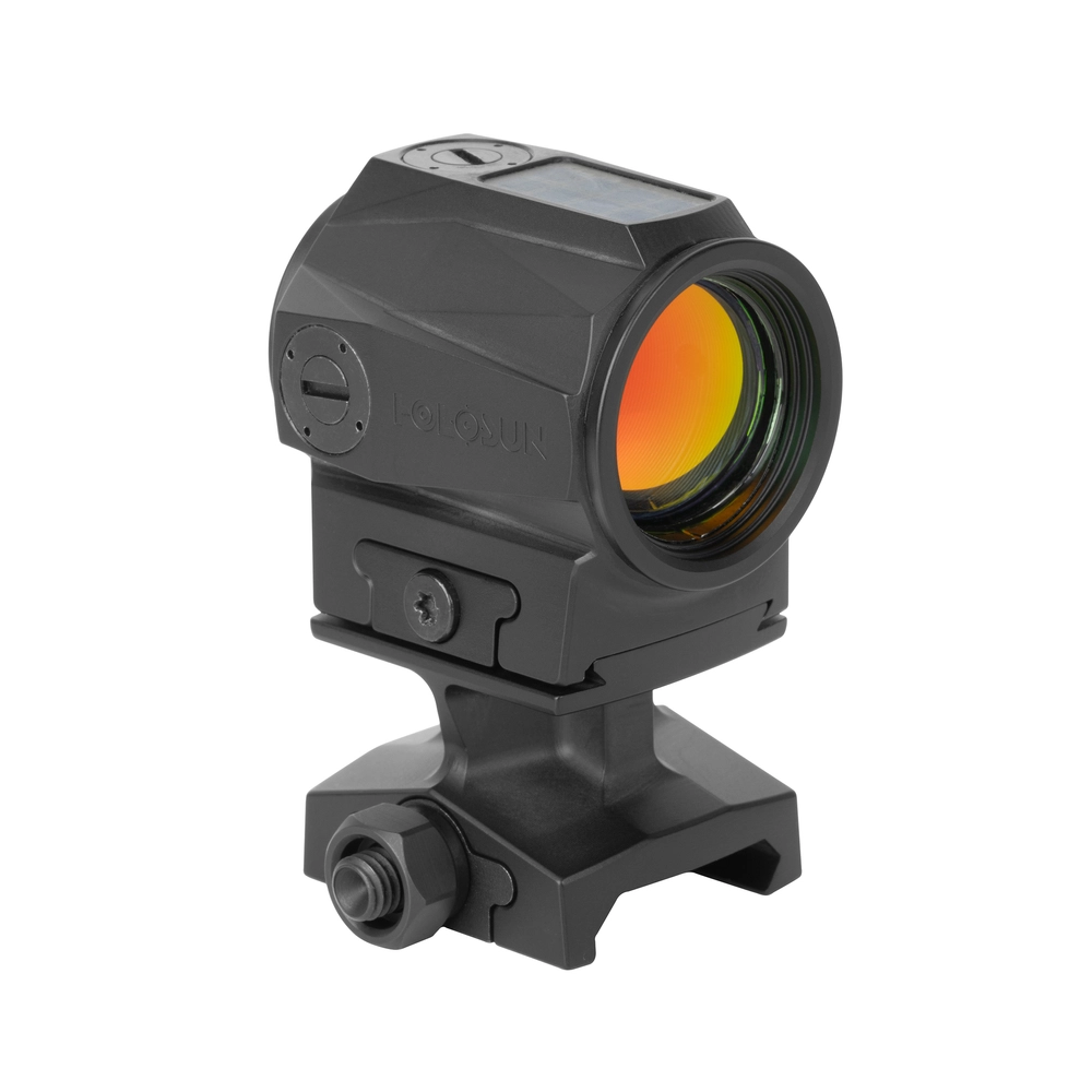 Holosun SCRS solar charging rifle sight red dot on its included riser mount