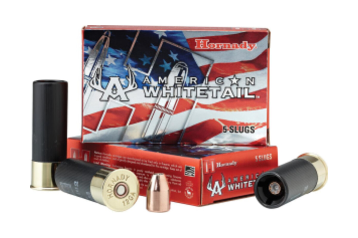 Hornady American Whitetail 12 gauge sabot slug boxes with hulls and a loose jacketed hollow point slug