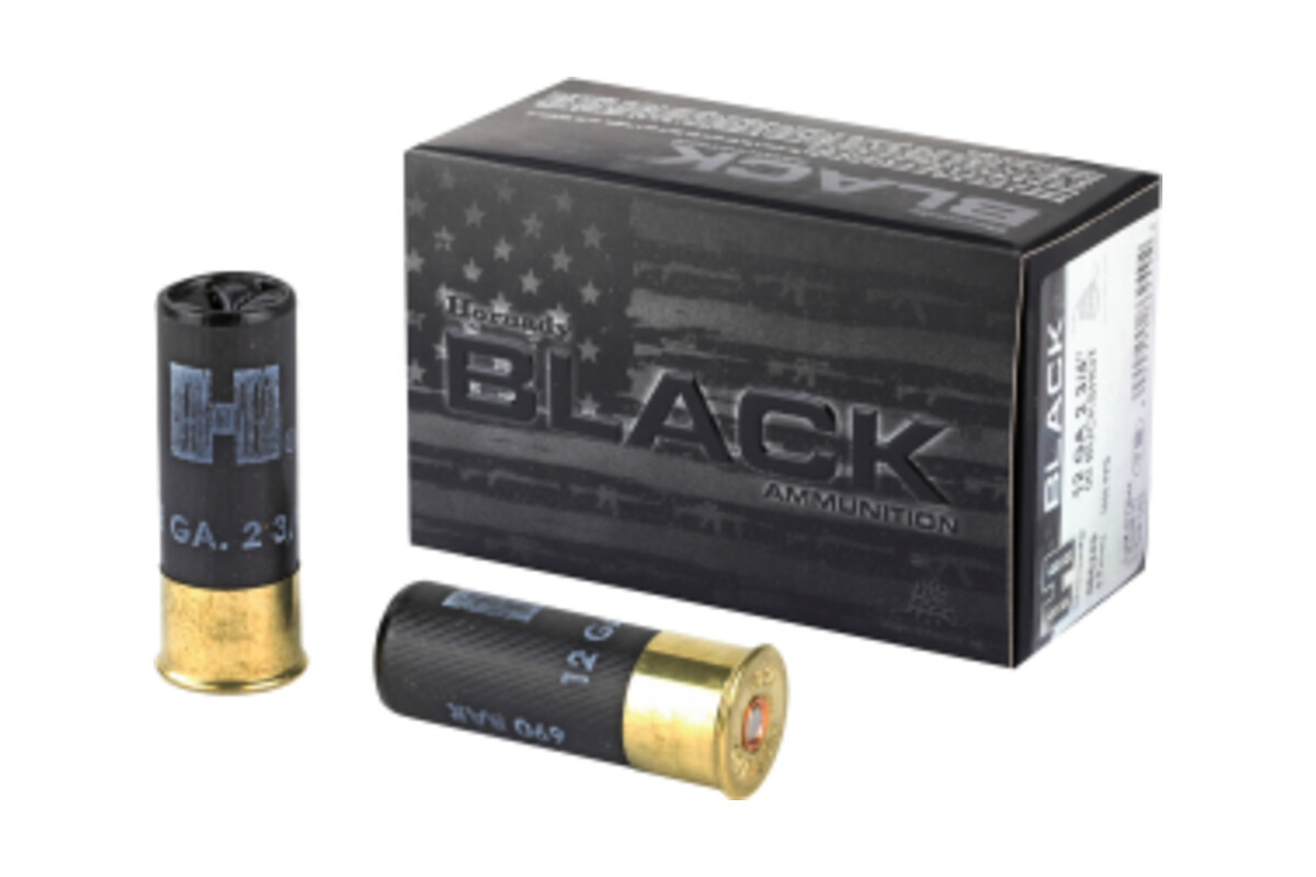 Hornady BLACK 12 gauge 2 3/4 inch 00 buckshot ammunition box with two black hulls